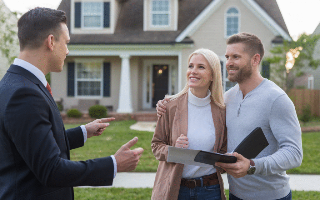 Femme discutant avec un agent immobilier dans un salon moderne